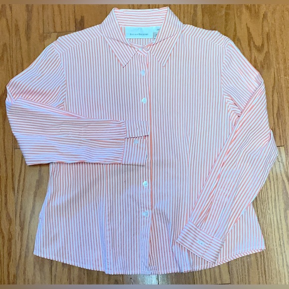 Vtg Women’s Petite Medium Button Front Orange White Striped Susan Bristol Shirt - Picture 3 of 13